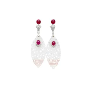 27.48 Carat Carved Grade A Lavender Jade Drop Earrings with Rubies & Diamonds