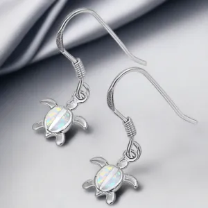 .925 Sterling Silver White Opal Turtle Dangle Earrings