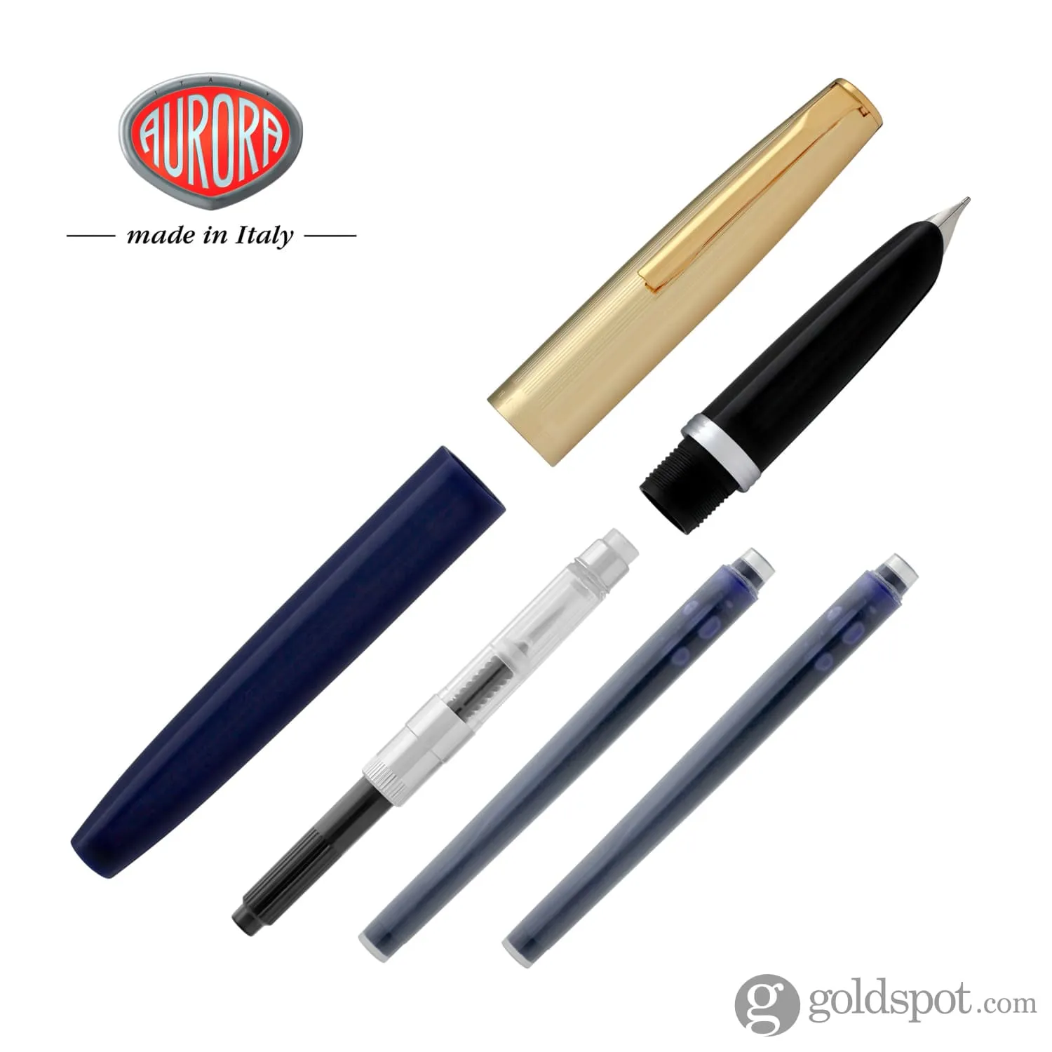 Aurora Duo Cart Fountain Pen - Dark Blue Resin with Gold Plated Cap, Medium Point