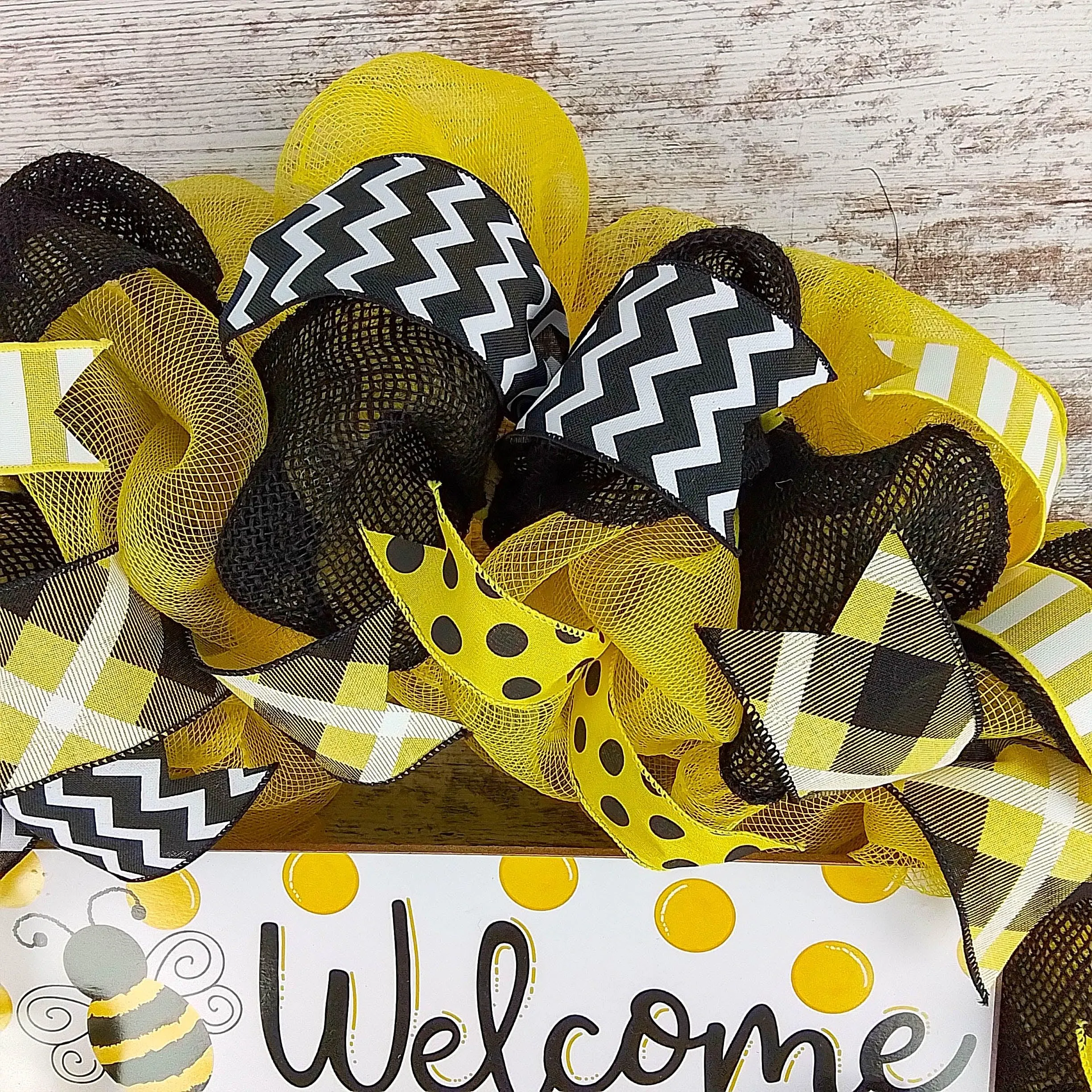 Bee Burlap Door Wreath, Honeybee Decor Yellow Black White