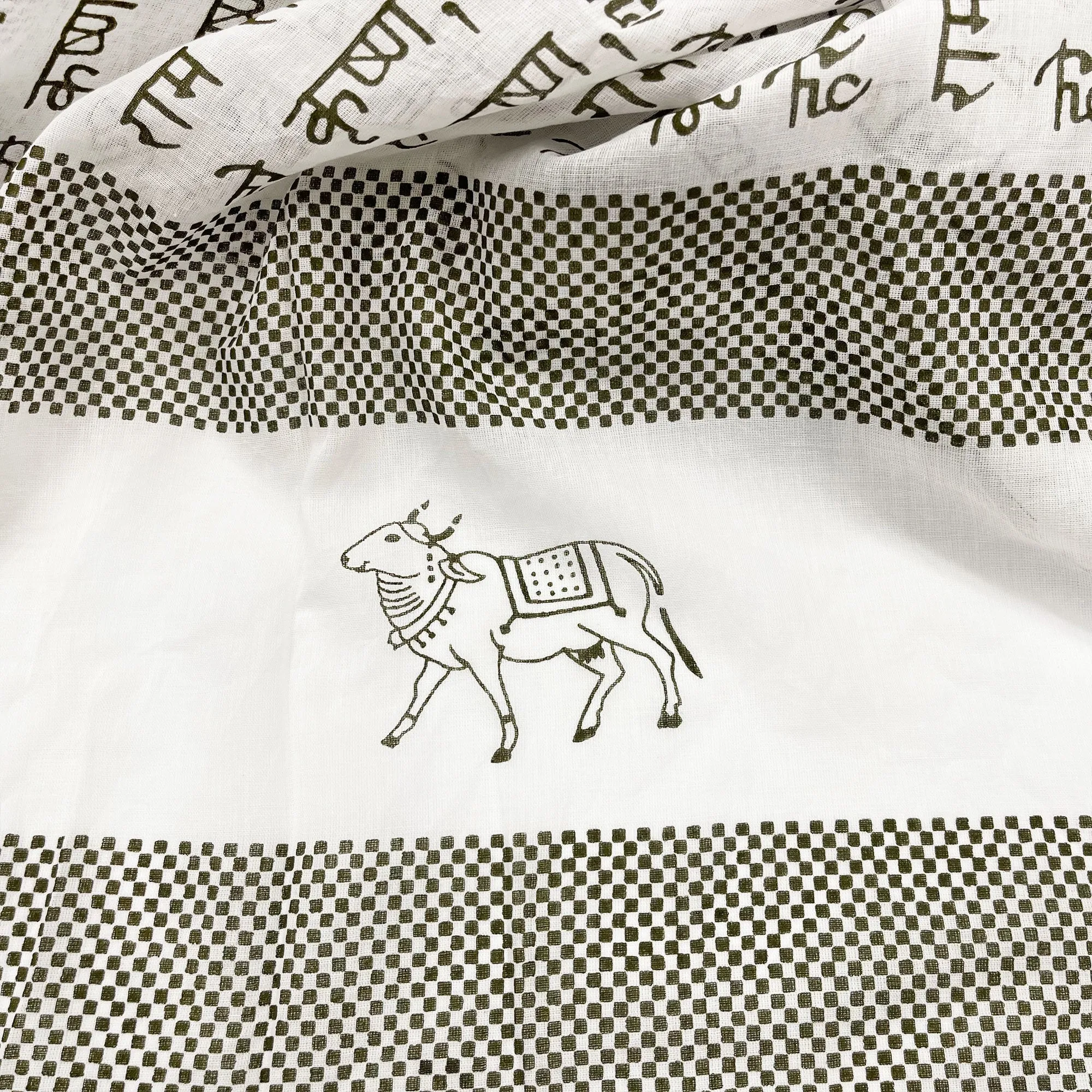 Checkered Pin Dot-Forest Green -  Maha Mantra Chadar - With Vrindavan Cows