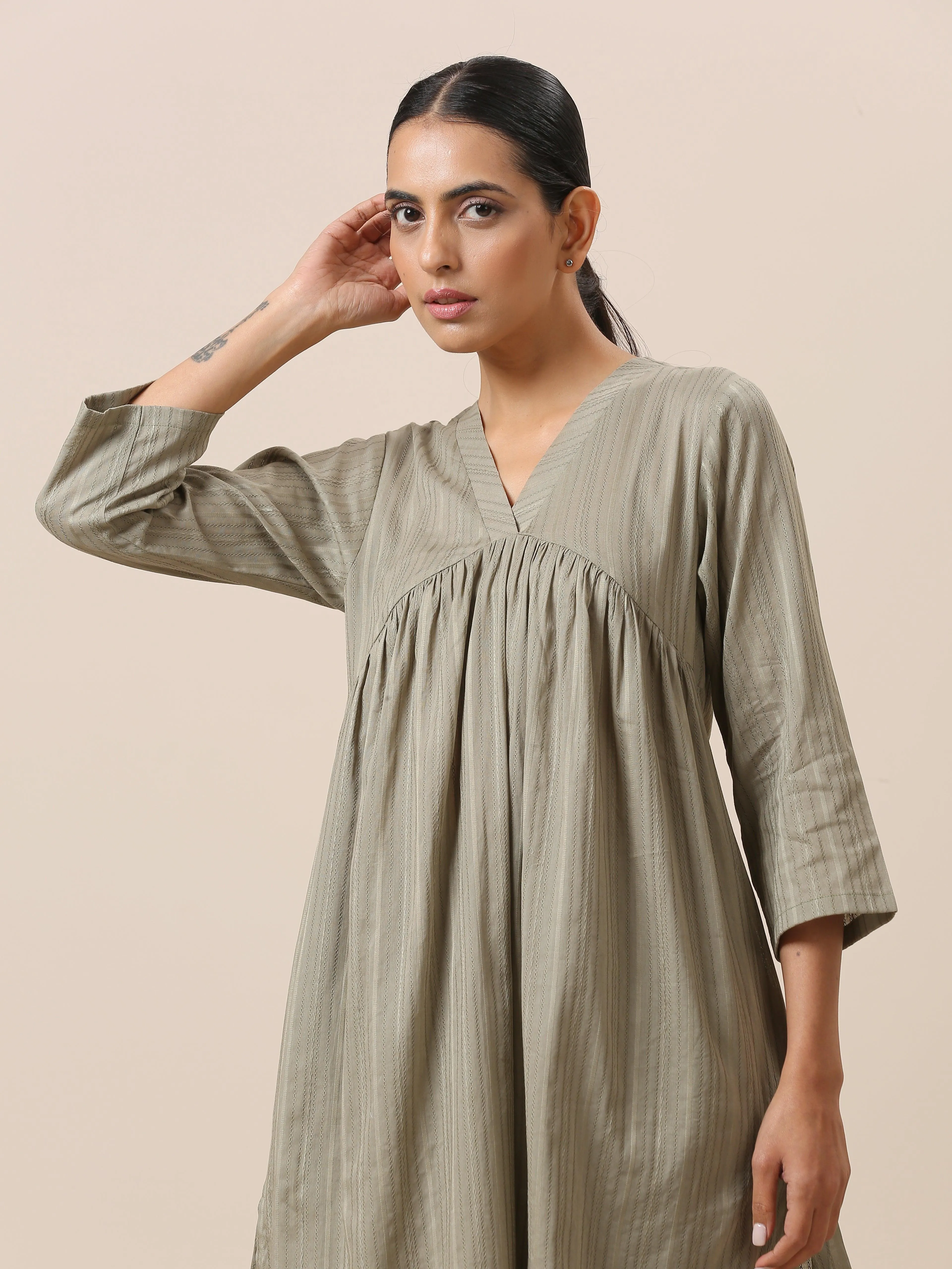 Cotton Olive Green Flared Slit Kurta Pant Set