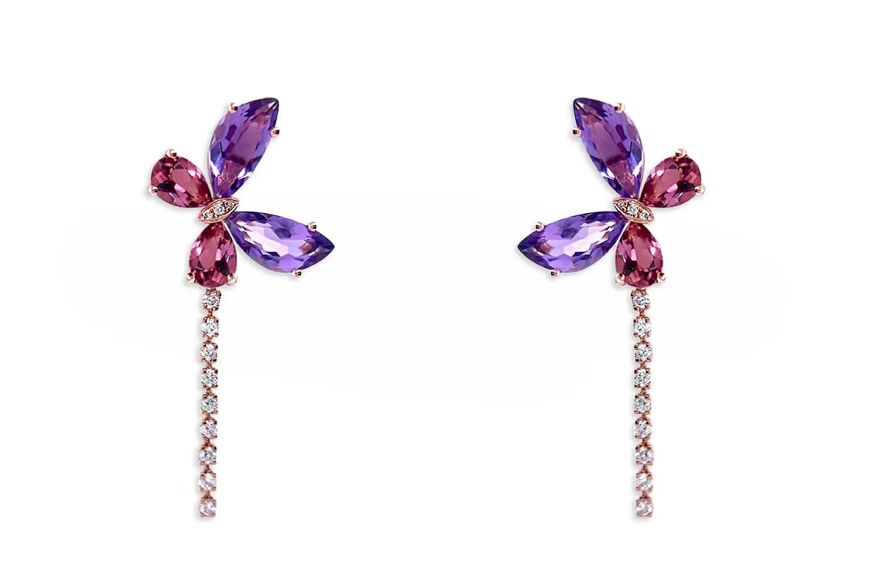 Earrings 18kt Gold Butterflies Amethyst Tourmalines & Diamonds Drop