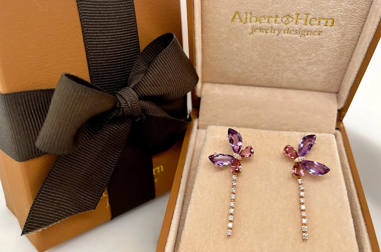 Earrings 18kt Gold Butterflies Amethyst Tourmalines & Diamonds Drop