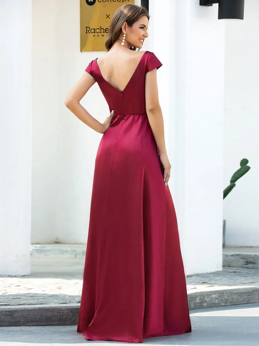 Gorgeous Deep Double V Neck Satin Prom Dress with Cap Sleeves