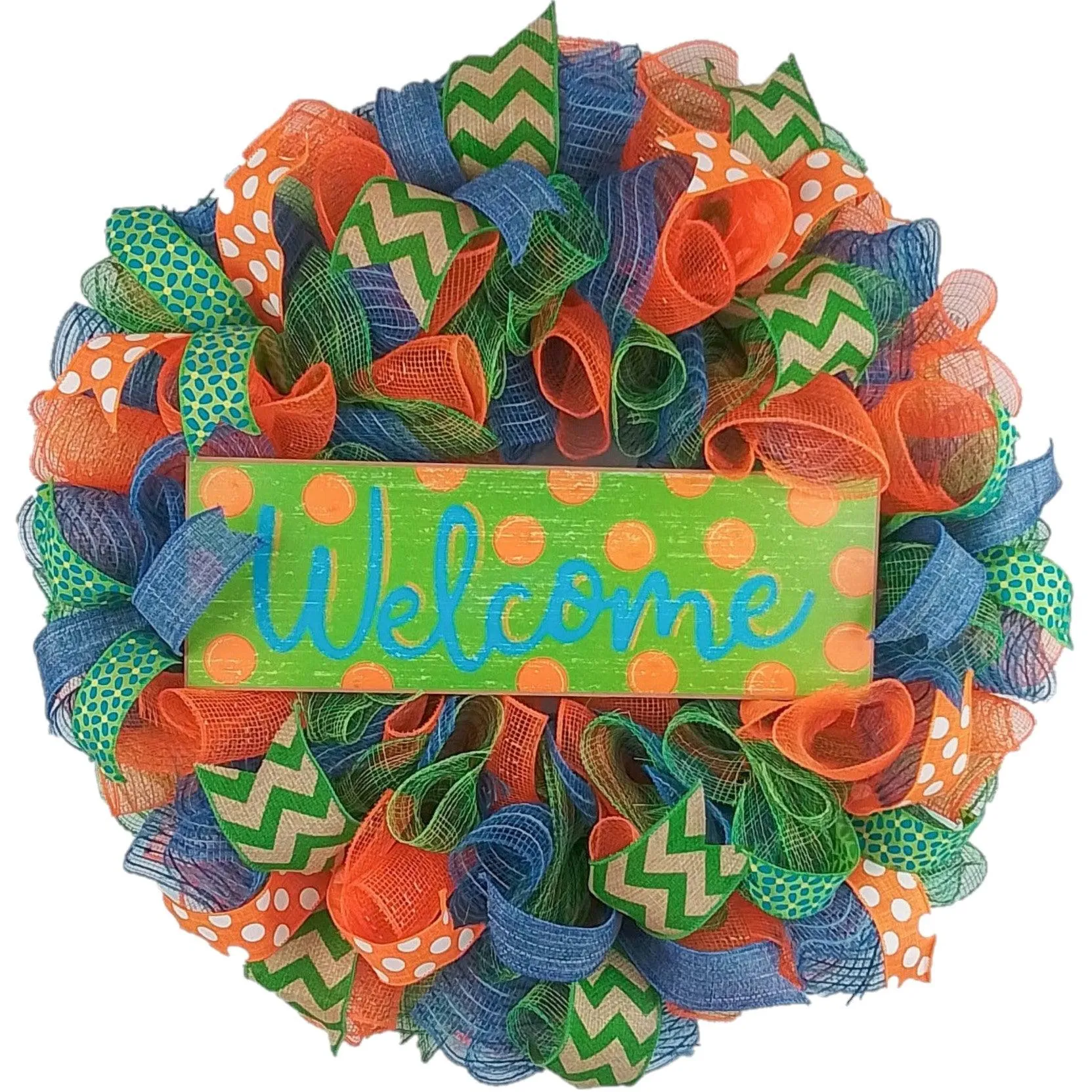 Green Summer Spring Welcome Deco Mesh Wreath | Orange Lime Green Denim Blue Jean Blue