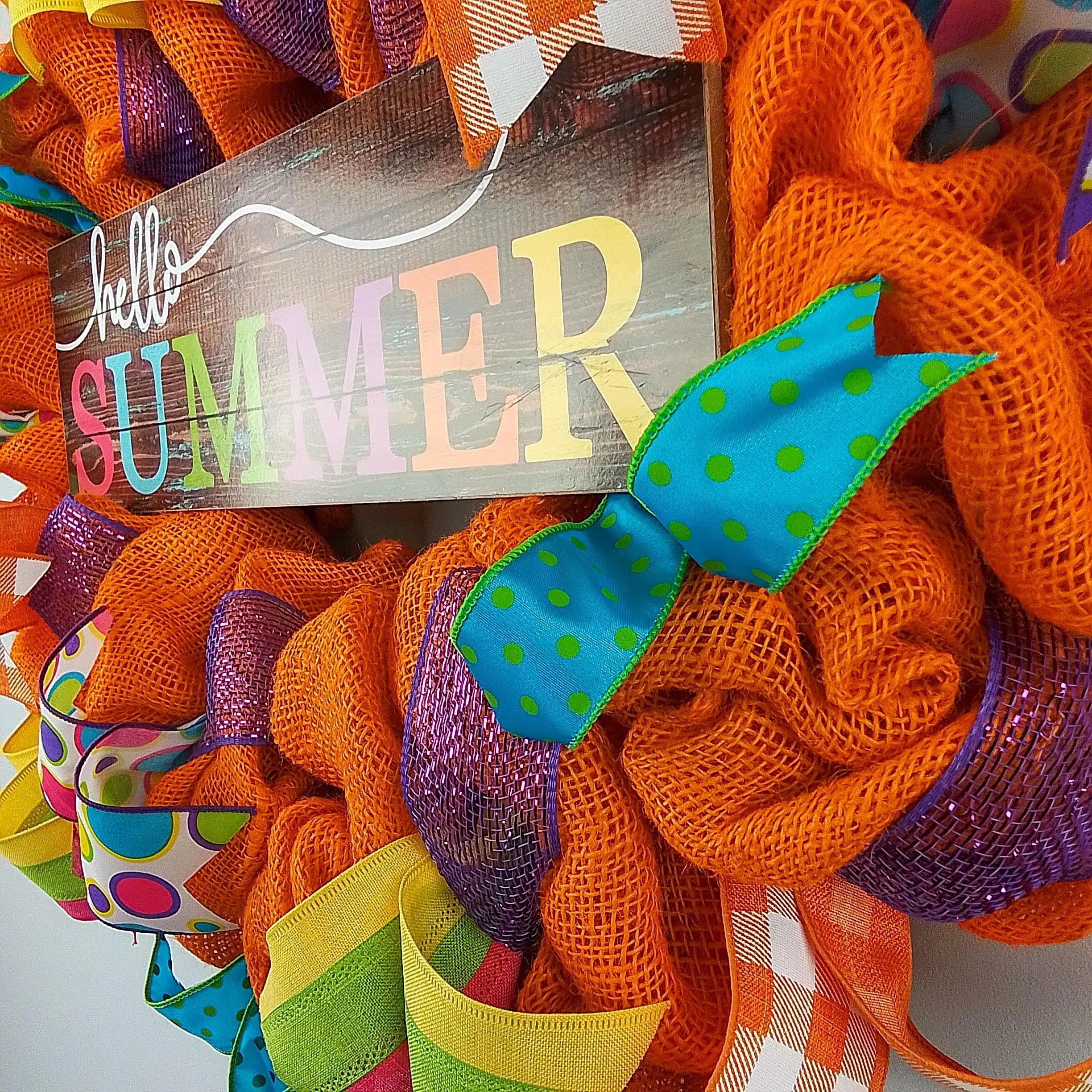 Hello Summer Wreath | Orange Burlap Wreath | Colorful Outdoor Mesh Wreath