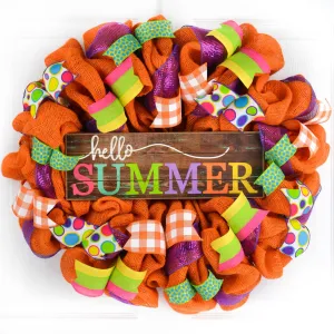 Hello Summer Wreath | Orange Burlap Wreath | Colorful Outdoor Mesh Wreath