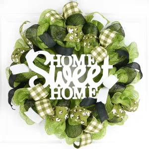 Home Sweet Home Wreath | Cotton Spring Everyday Door Wreath | Moss Green Black White