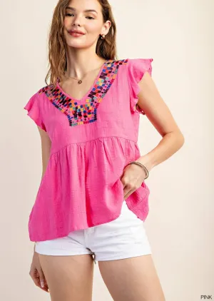 Hot Pink Embroidered Yoke Top