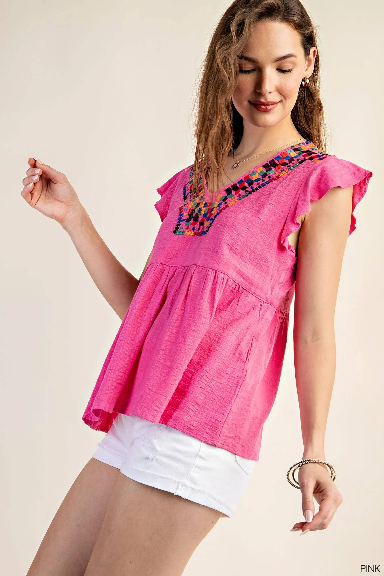 Hot Pink Embroidered Yoke Top