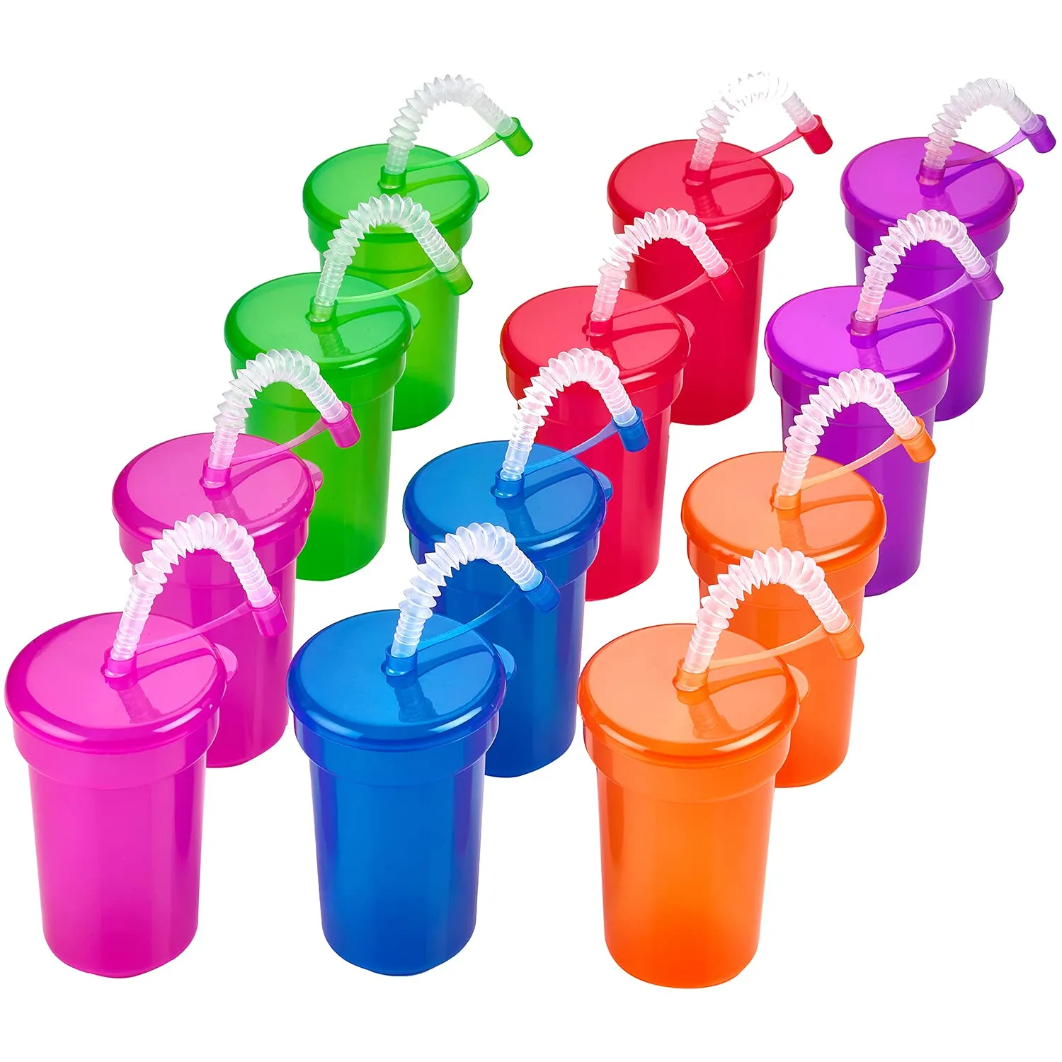 Kicko Neon Sipper Cups - 5.5 Inch - 12 Oz. - Colorful Neon Cups With Lids And Straws