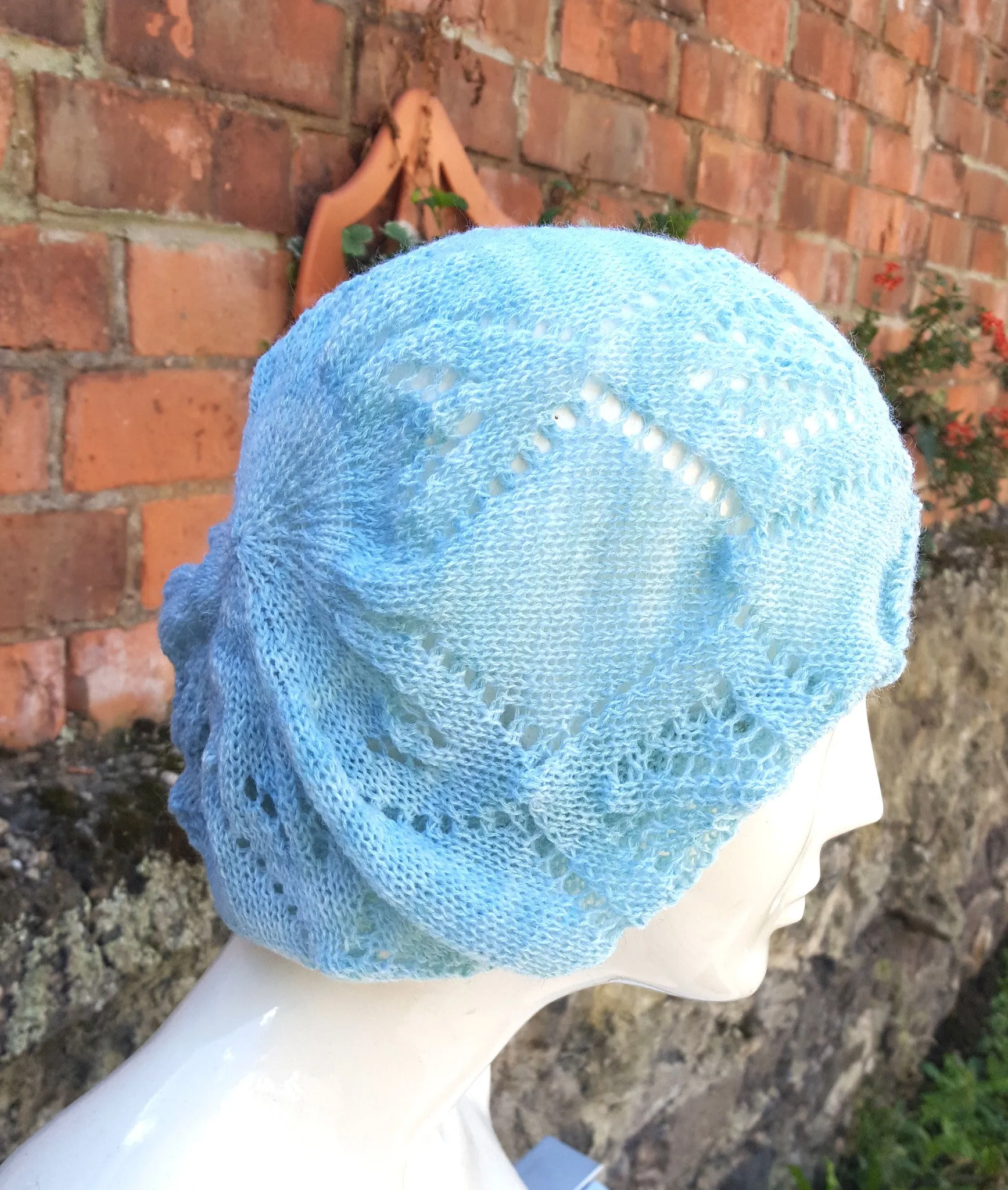 Lace knit beanie, cloche style hat, festival wear.