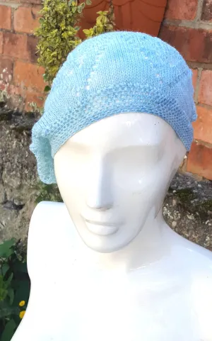 Lace knit beanie, cloche style hat, festival wear.