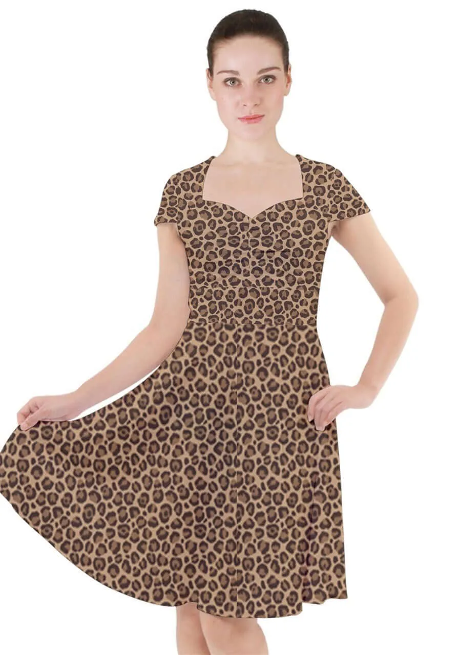 Leopard Cap Sleeve Midi Dress With Pockets