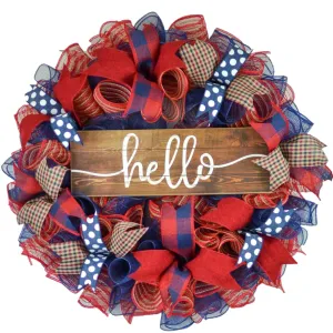 Navy Red Everyday Wreath - Hello Sign - Birthday Gift for Her - Year Round Decor