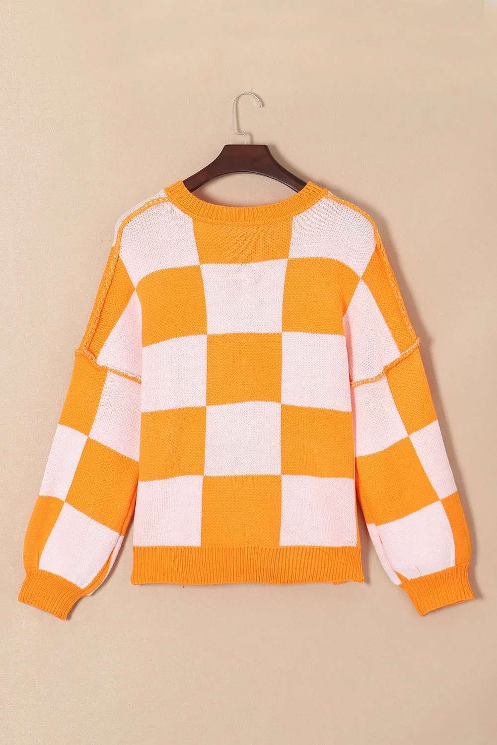 Orange Checkered Bishop Sleeve Sweater