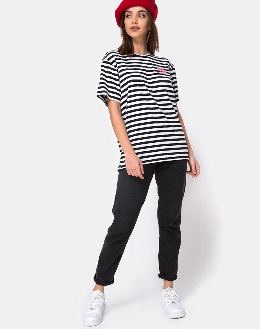 Oversize Basic Tee in Black and White Stripe with Cherub Embro