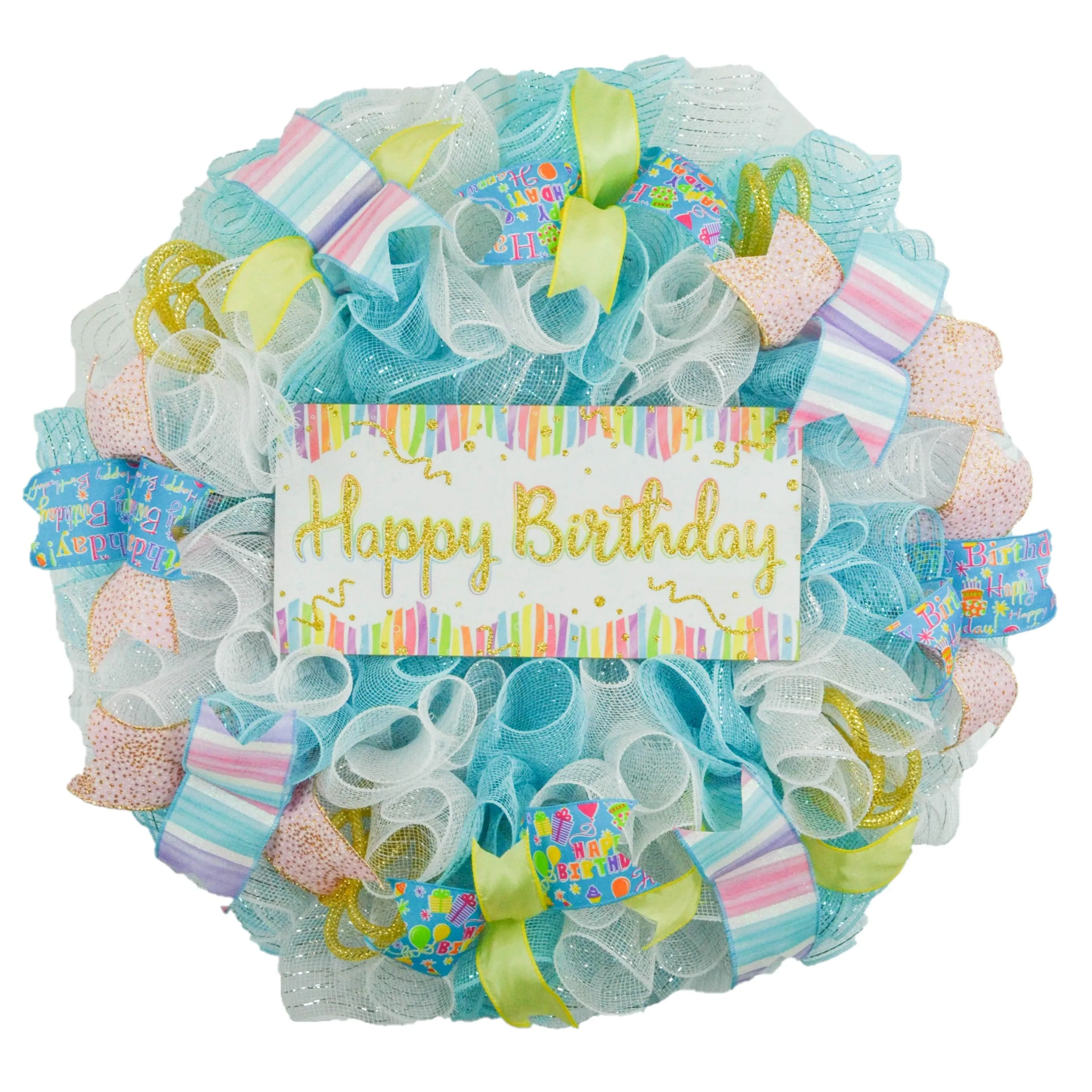 Pastel Birthday Wreath for Front Door - Everyone Happy Birth Day Decor - Family Pink Red Blue White Yellow Gold