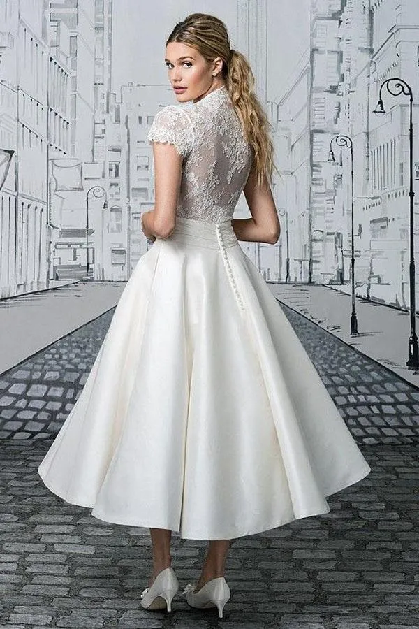 Short Wedding Dresses V-neck Lace Tea-length Ivory Simple Bridal Gown  WD422