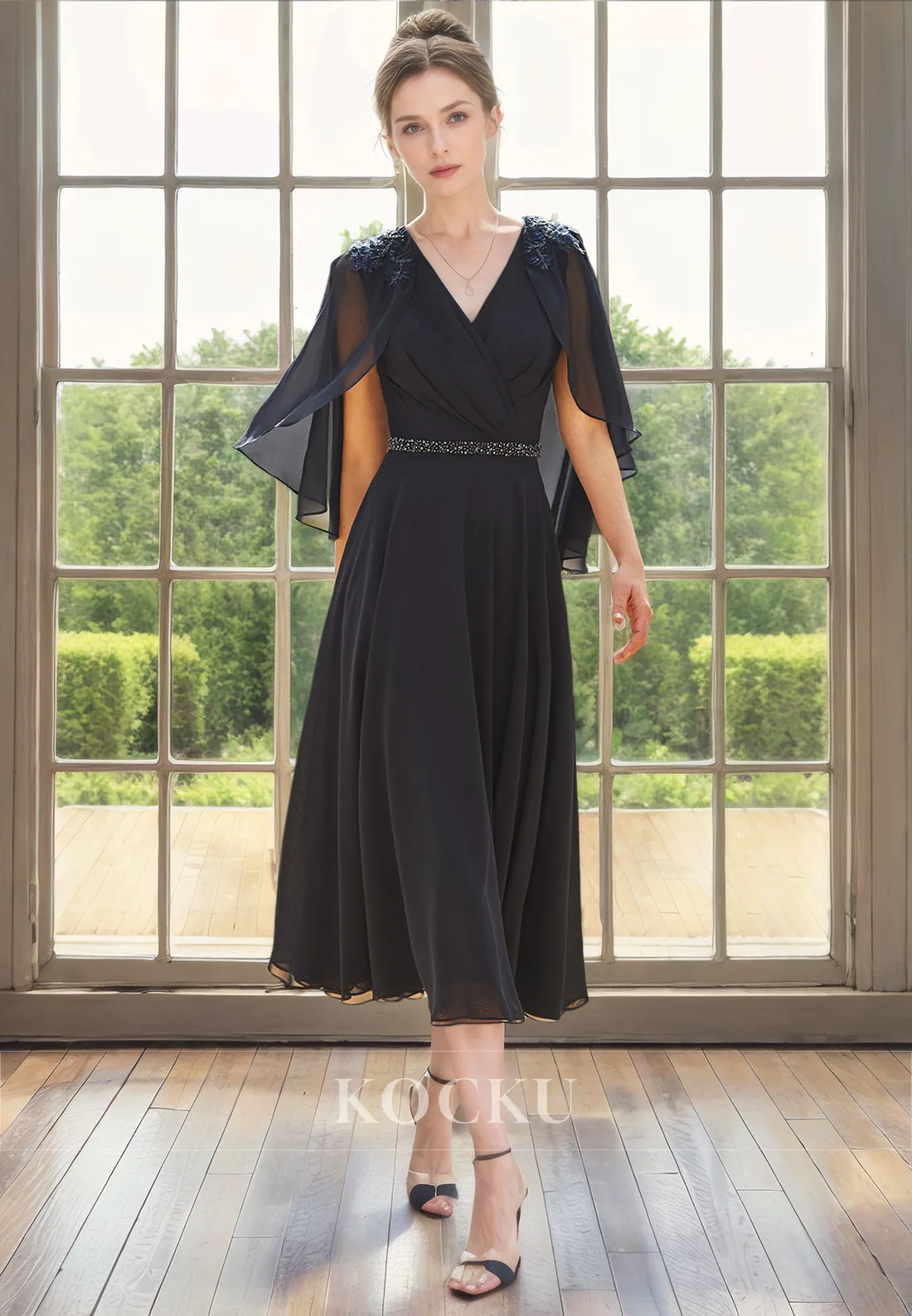 Simple & Casual A-Line V-Neck Cap Sleeves Chiffon Cocktail Mother of the Bride Dress