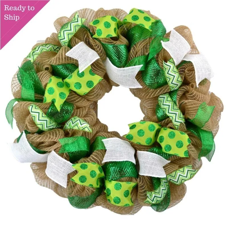 St. Patrick's Day Mesh Door Wreath - Saint Patricks Day Wreath - St Pattys Day Decor - Green Burlap Jute SP3