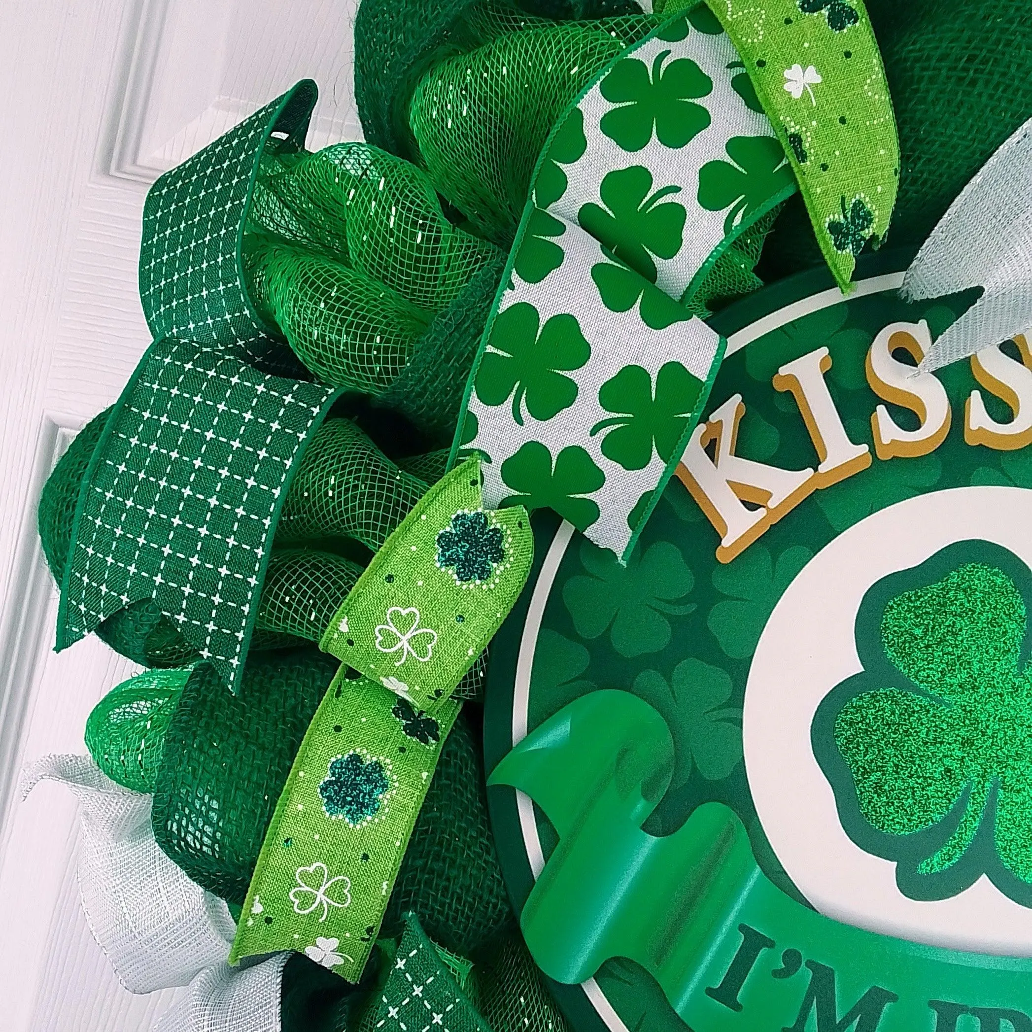 St Patricks Day Wreath - Kiss Me I'm Irish - Lime Green White Shamrock