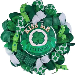 St Patricks Day Wreath - Kiss Me I'm Irish - Lime Green White Shamrock