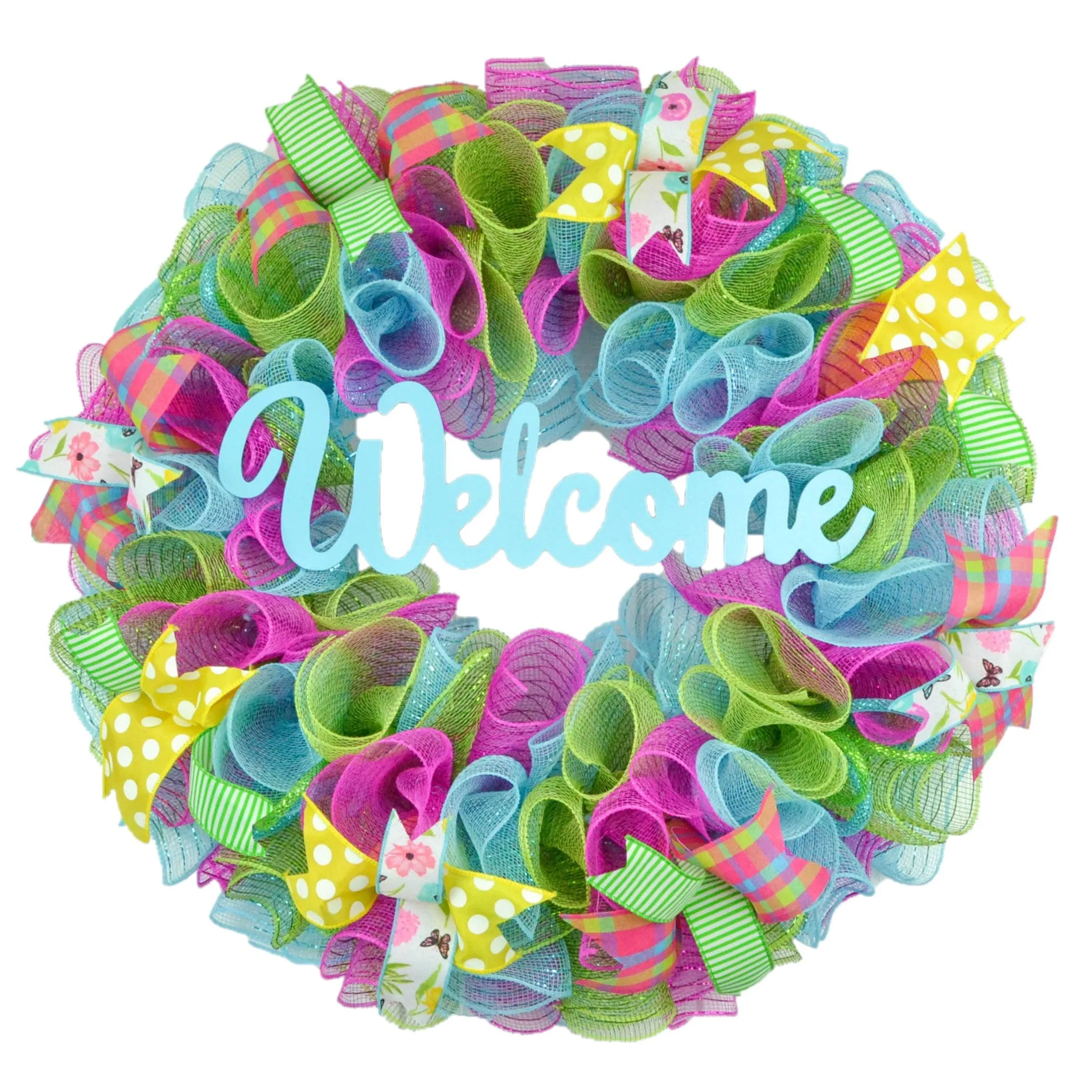 Summer Spring Welcome Door Wreath; Pink, Turquoise, Yellow, Green : P1