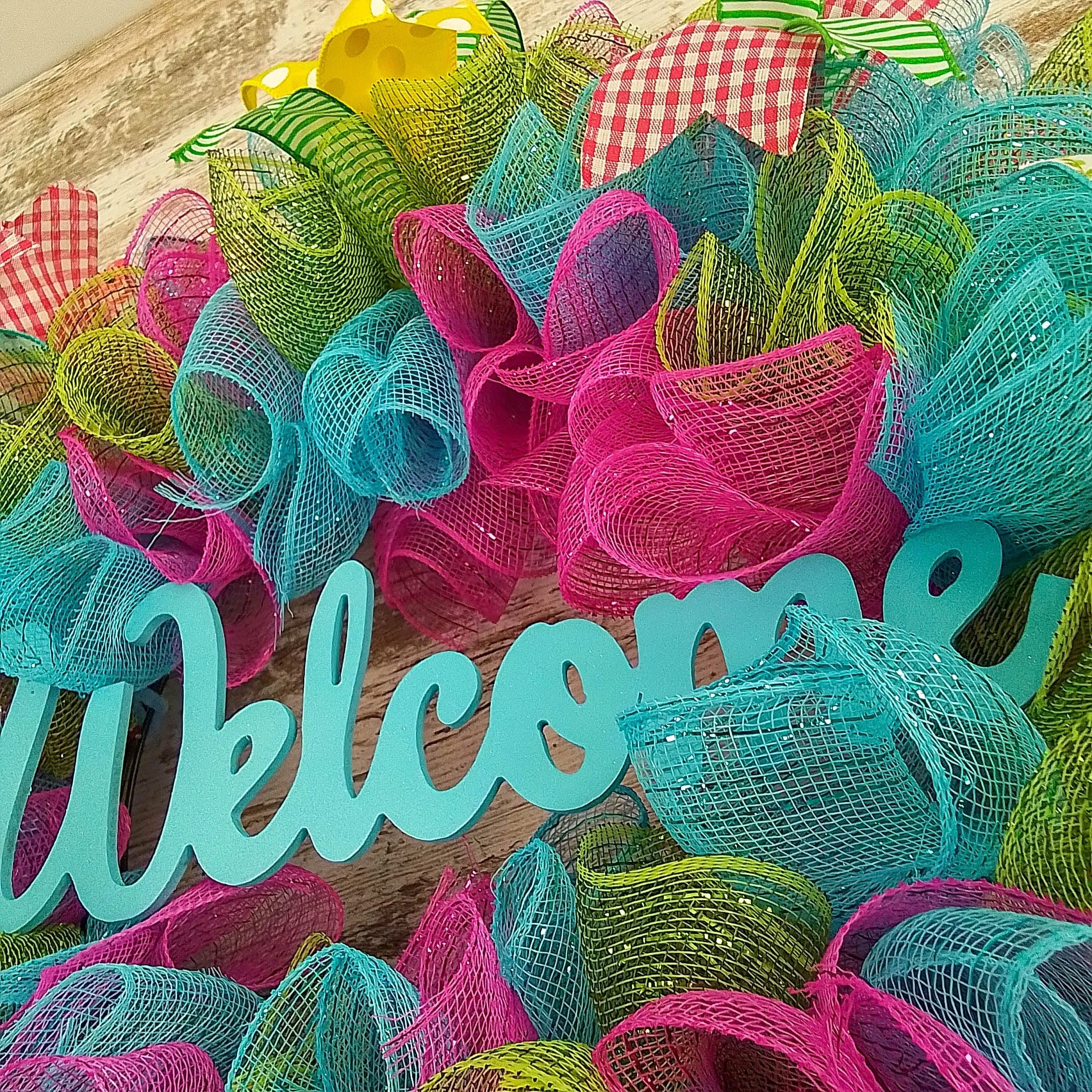 Summer Spring Welcome Door Wreath; Pink, Turquoise, Yellow, Green : P1