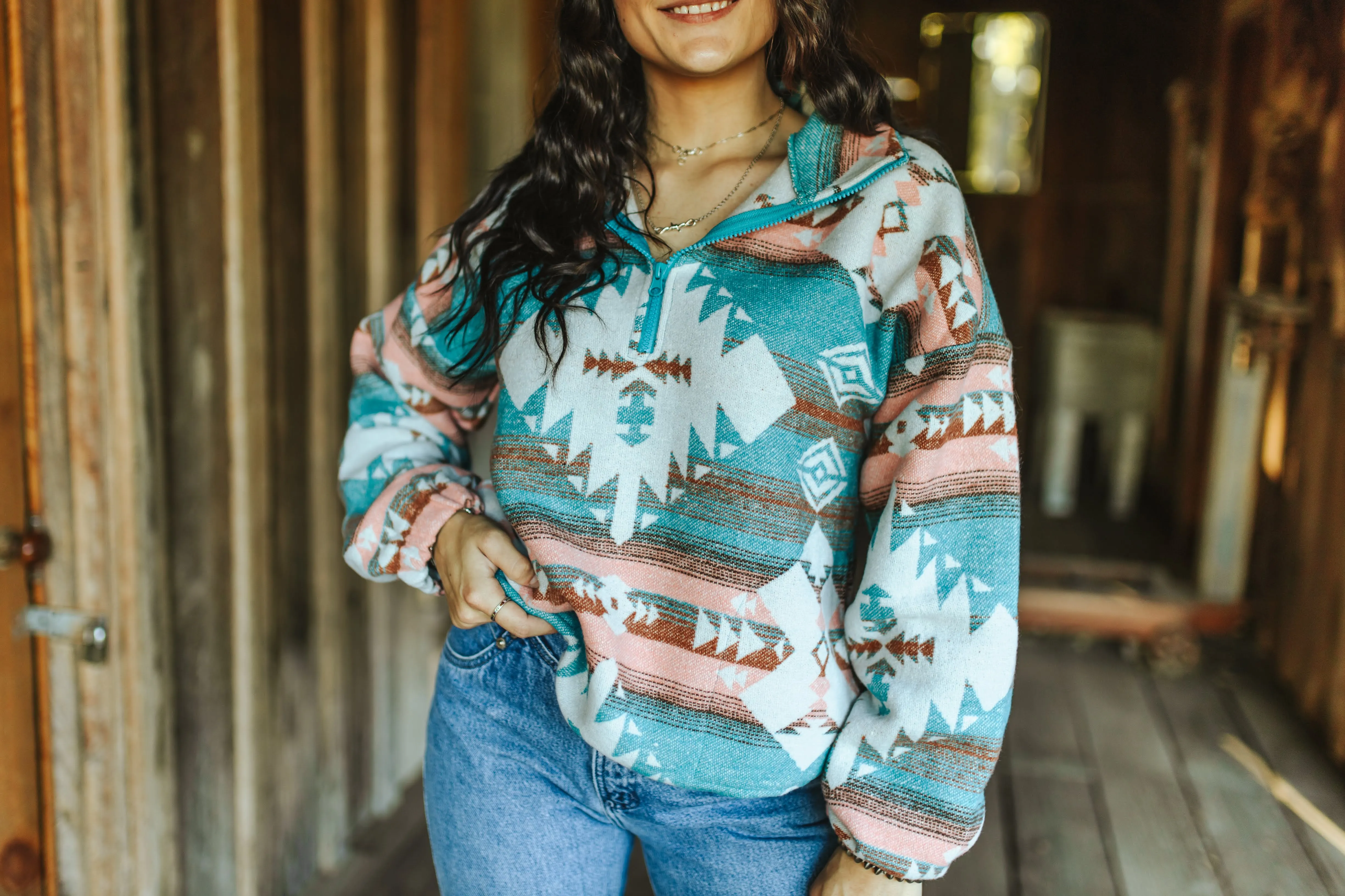 Teal Aztec Half-Zip Woven Sweater