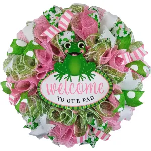 Welcome to our Pad Frog Wreath - Spring Summer Front Door Decor - Green Pink White