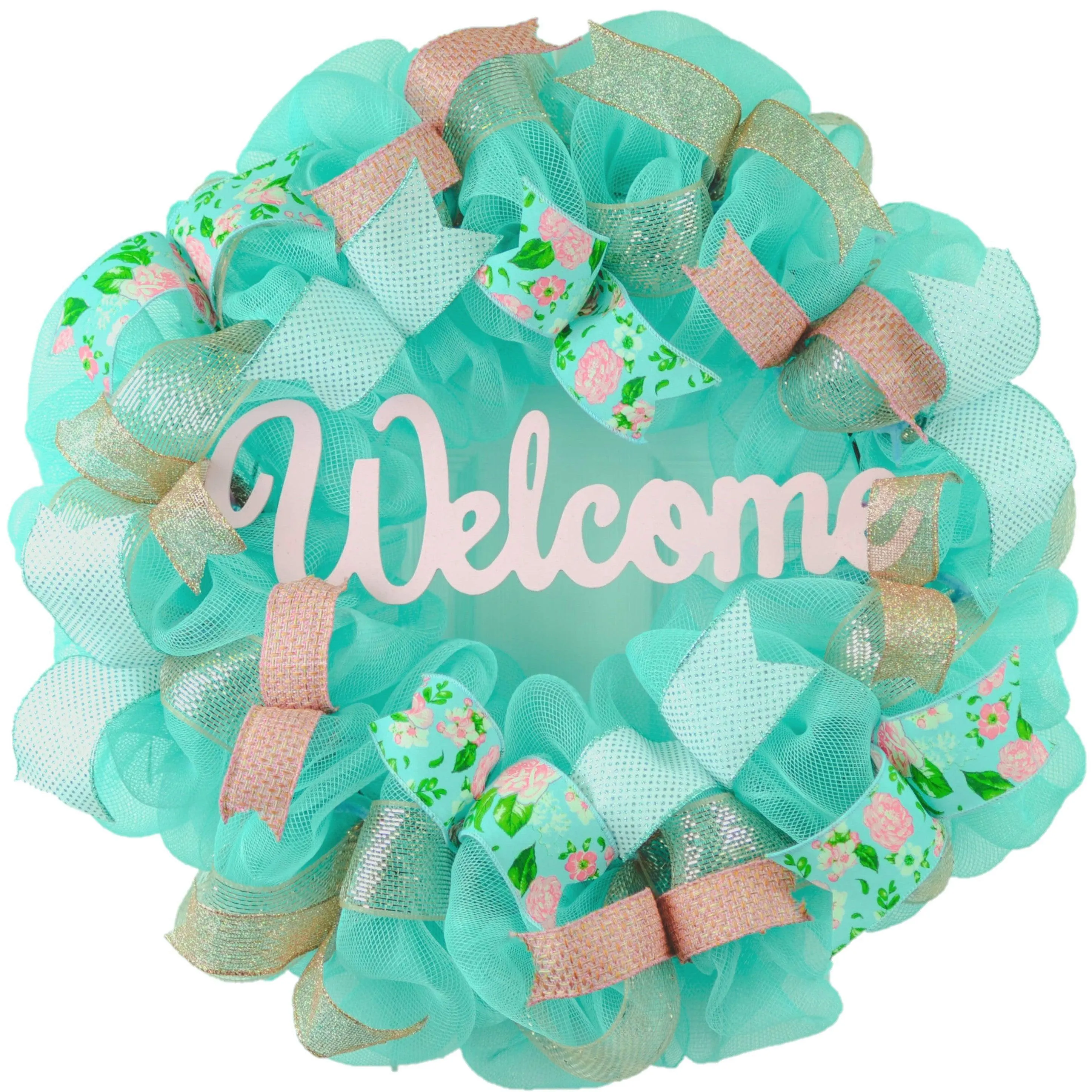 Welcome Turquoise Rose Gold Wreath - Gift for Her - Everyday Floral Spring Decor