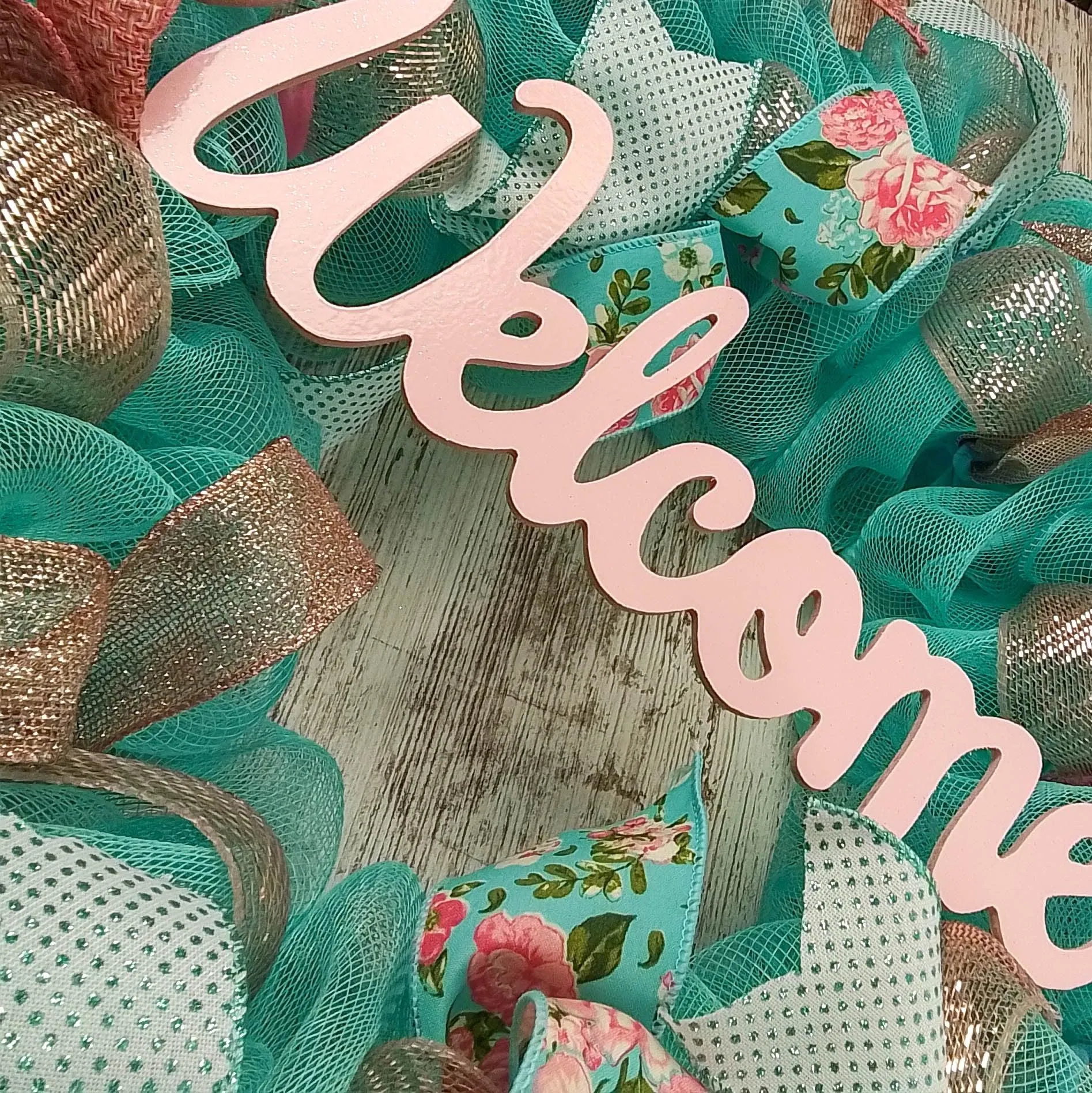 Welcome Turquoise Rose Gold Wreath - Gift for Her - Everyday Floral Spring Decor